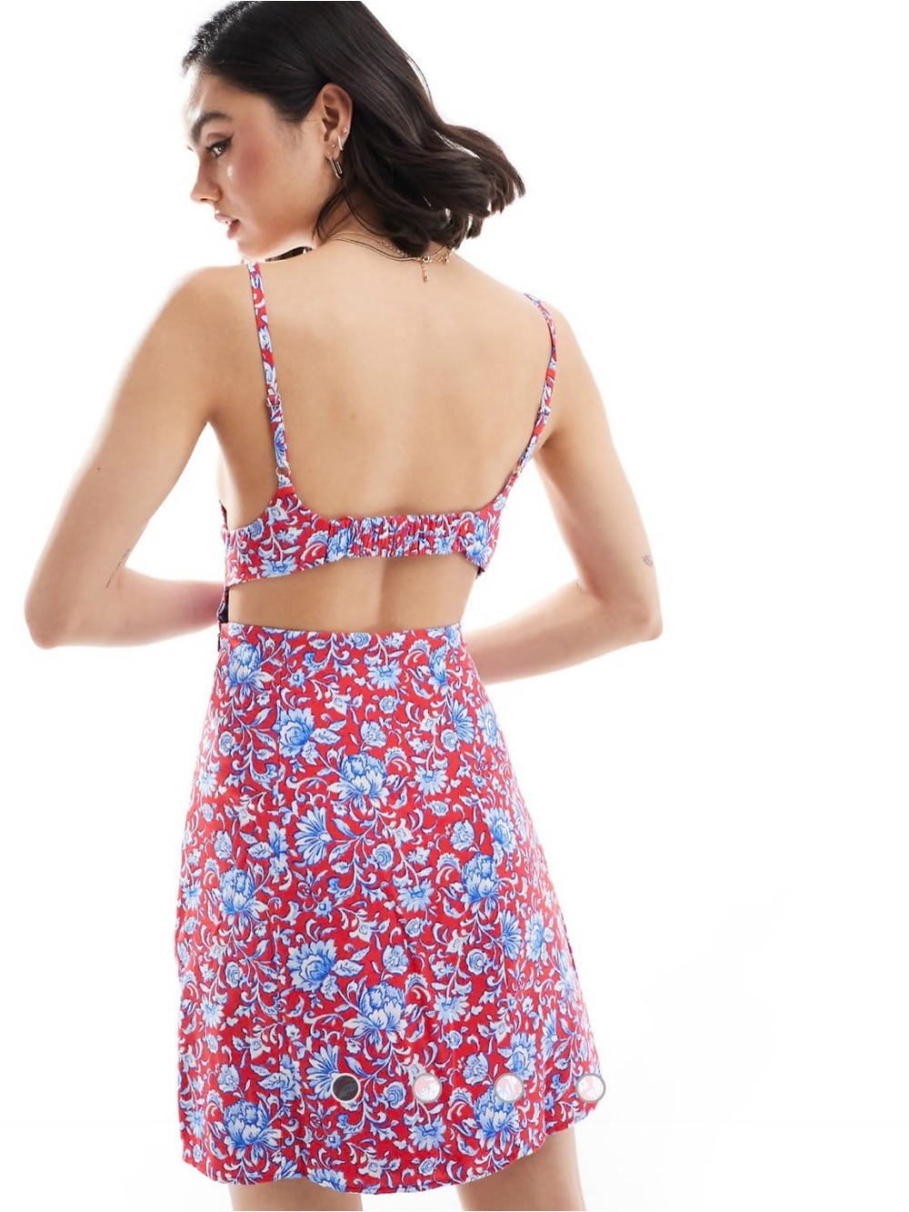 Mango MNG Floral Cutout Back Mini Dress Red Blue Size 8